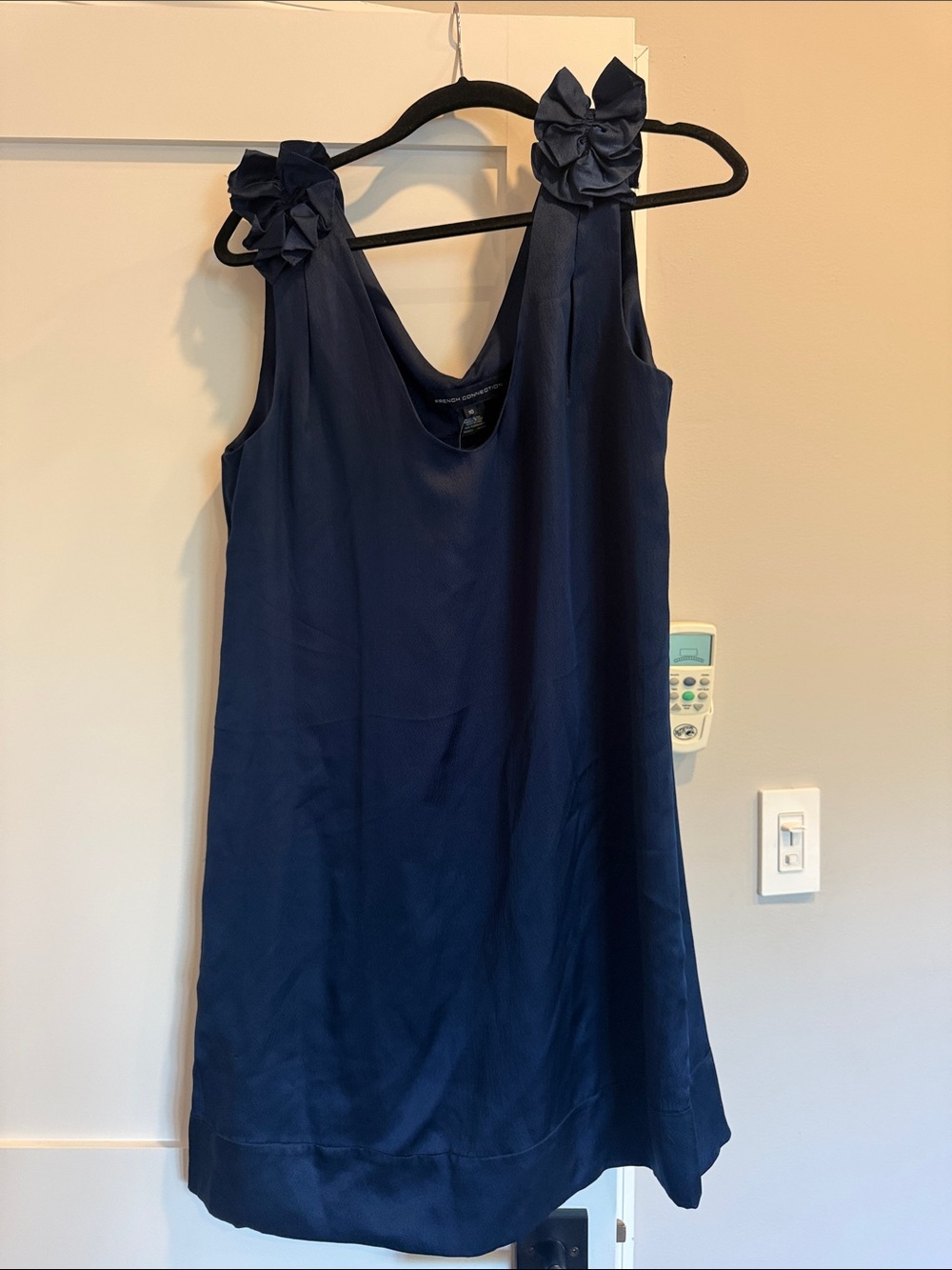 French Connection Navy Blue Sleeveless Dress with Shoulder Rosettes 100% silk